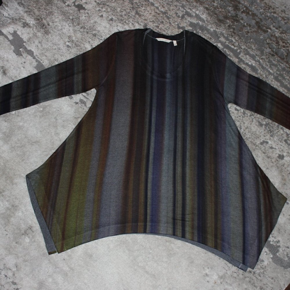 Soft Surroundings Shark Bite Hem Flowy Grey Purple Striped Long Sleeve Tunic Top